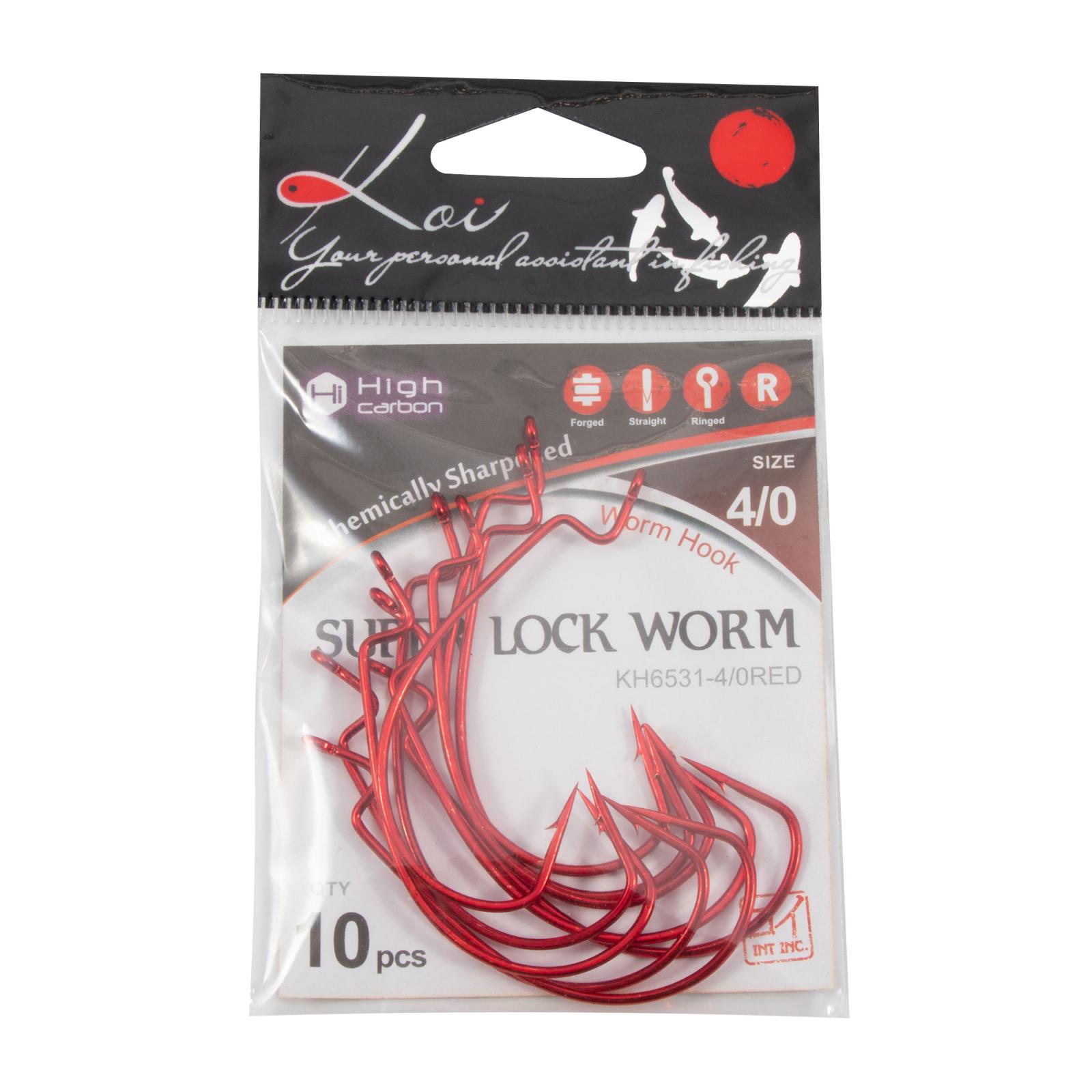 Крючок KOI "SUPER LOCK WORM ", размер 4/0 (INT), цвет RED, офсетный (10 шт.) - 4