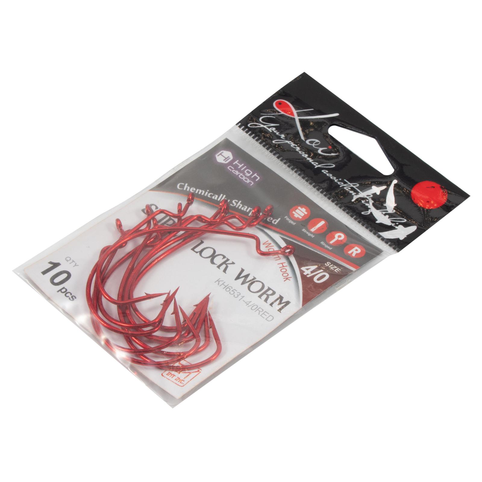 Крючок KOI "SUPER LOCK WORM ", размер 4/0 (INT), цвет RED, офсетный (10 шт.) - 5