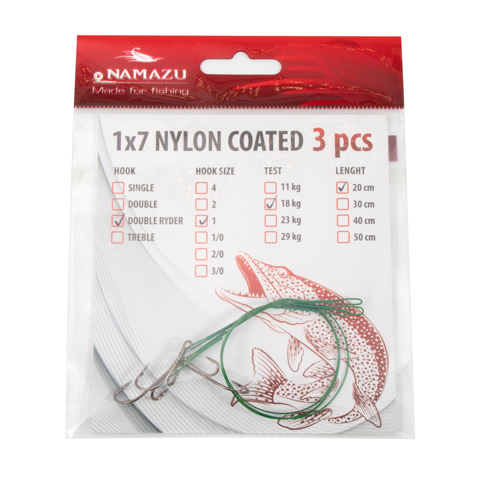 Поводок стальной NAMAZU Leader 1х7 Nylon Coated Green, d-0,39 мм, L-20 см, с живцовым крючком 4715 D - 5