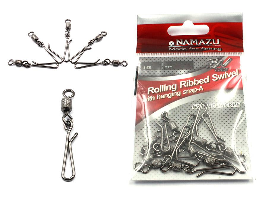Вертлюг с форелевой заст. Namazu ROLLING RIBBED SWIVEL WITH HANGING SNAP-A, цв. BN, р. 4, test-27 кг - 1