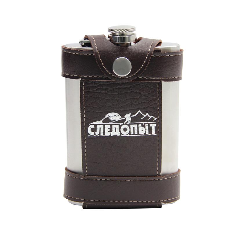 Фляжка «СЛЕДОПЫТ - Flage» в кож.чехле с тиснением, 260 мл, цв. корич (9 fl oz)