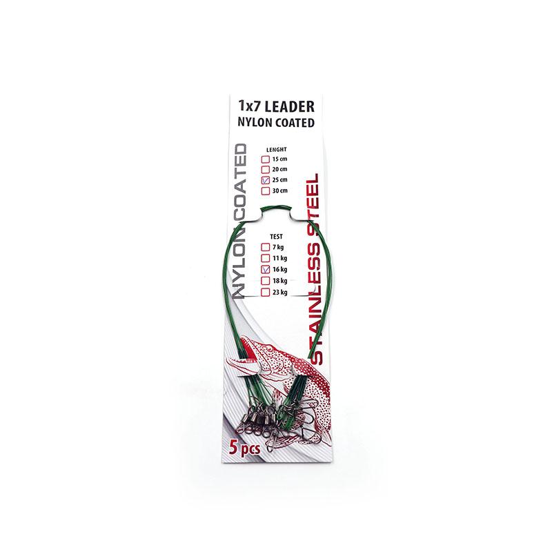 Поводок стальной NAMAZU Leader 1х7 Nylon Coated Green, d-0,42 мм, L-25 см, test- 18 кг (уп. 5 шт.)/6